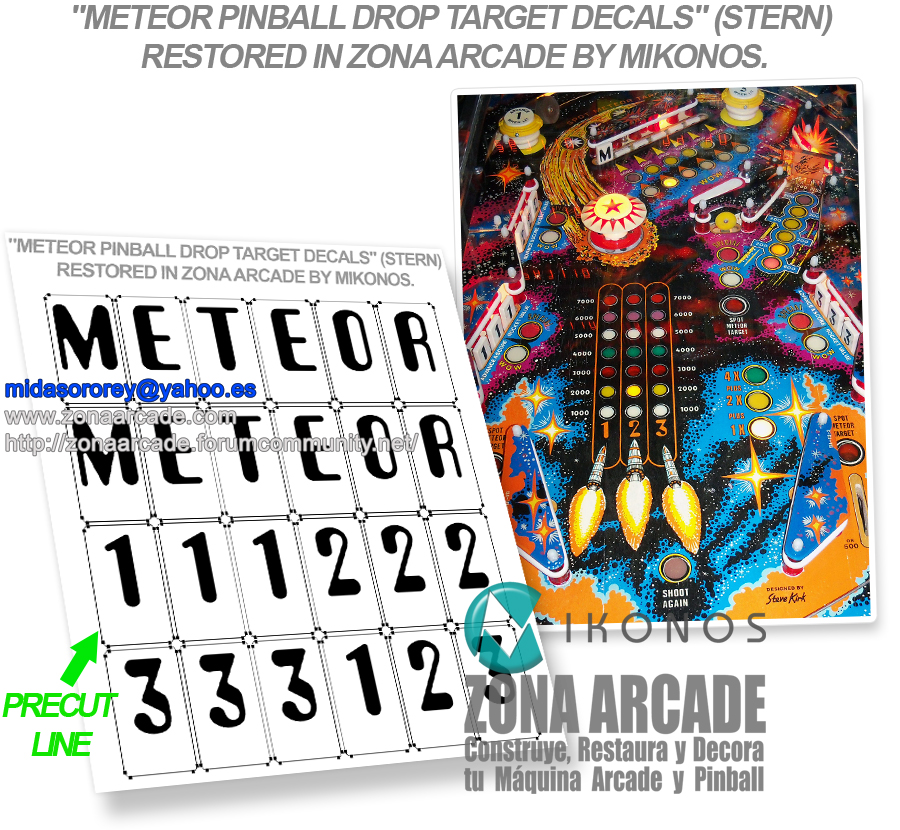 "METEOR PINBALL DROP TARGET DECALS" (STERN) scanned artwork files