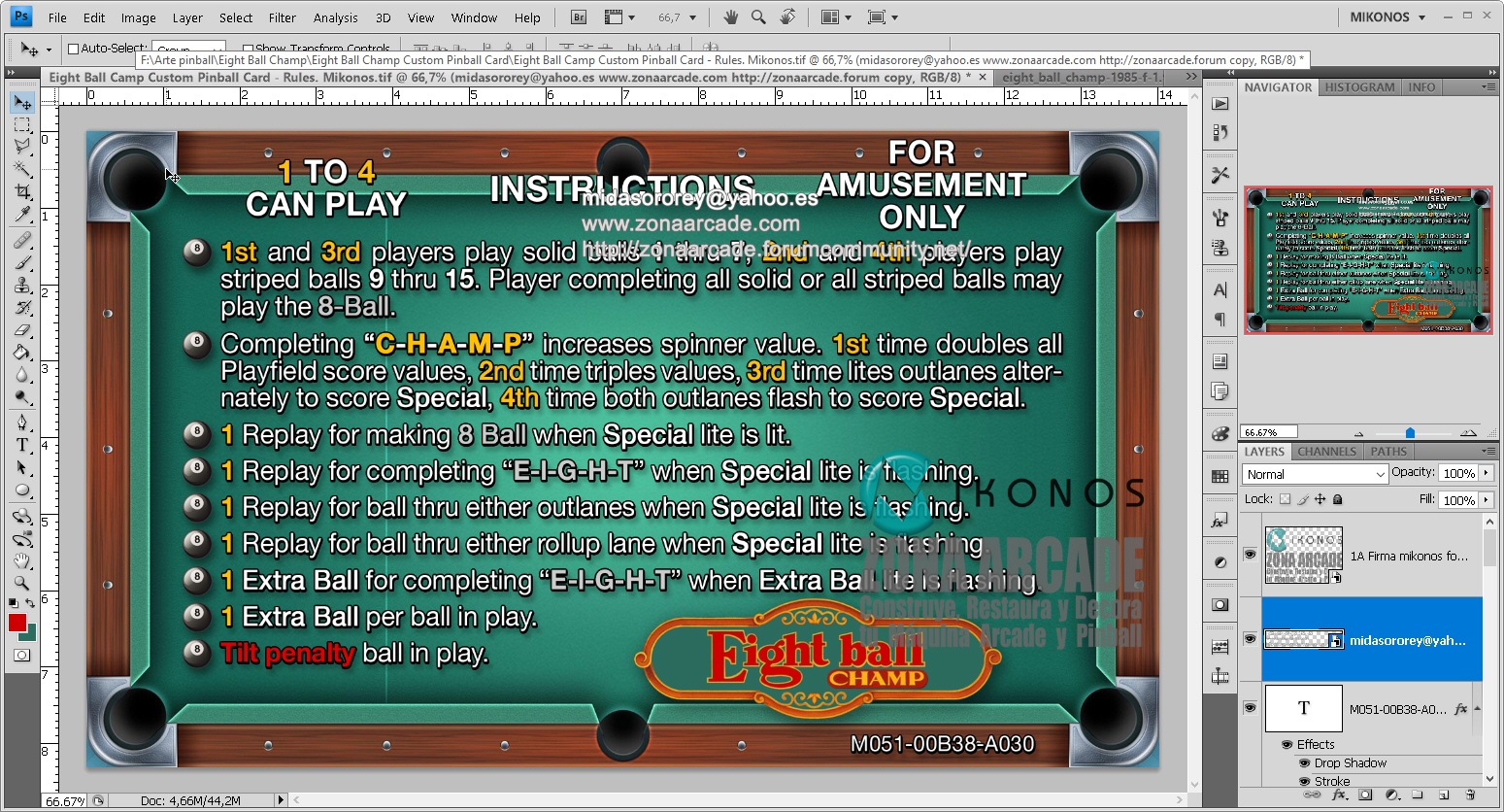 Eight Ball Champ Pinball Card Customized - Rules. Mikonos1