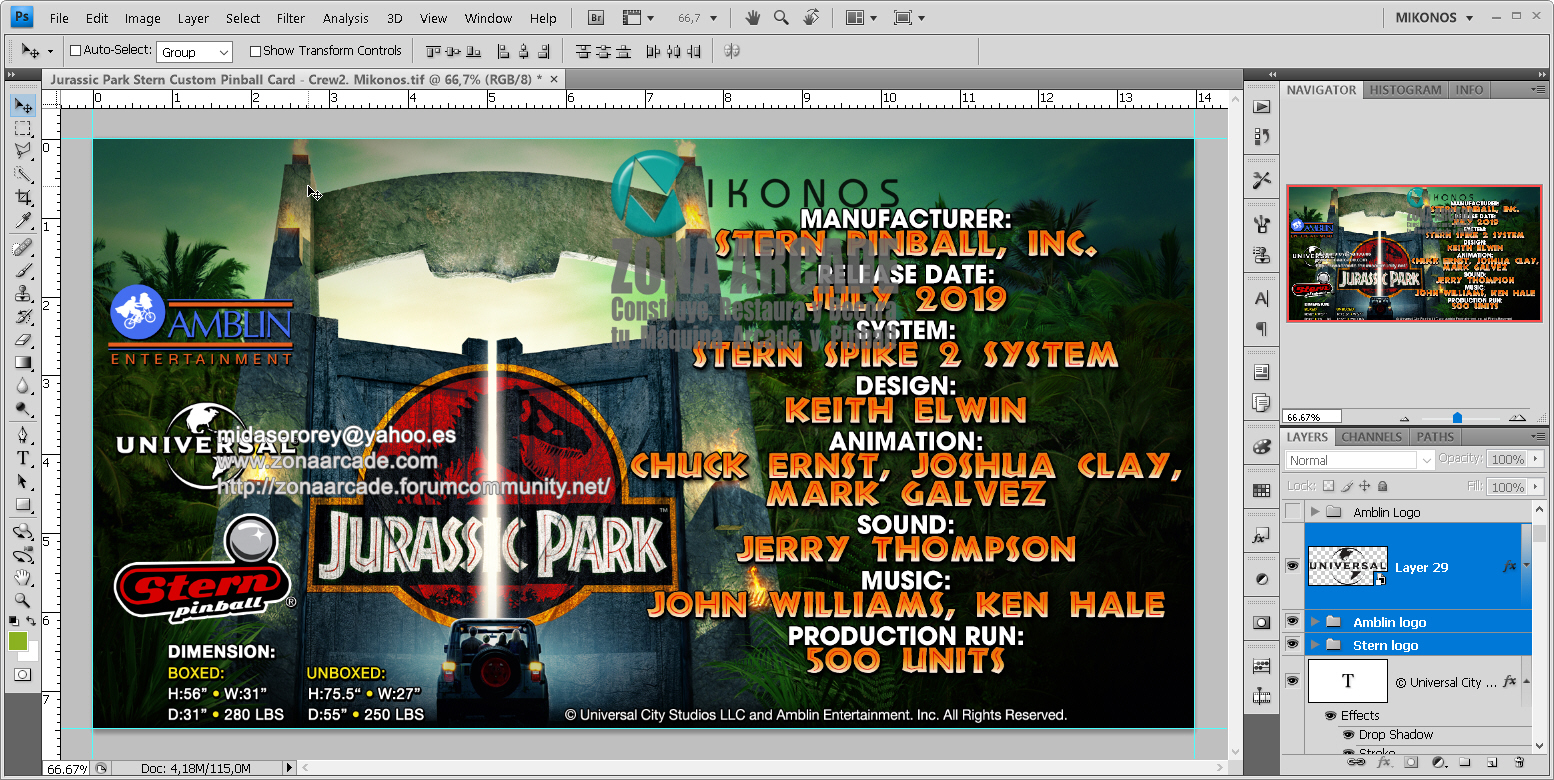 Jurassic Park Stern Pinball Card Customized - Crew. Mikonos1