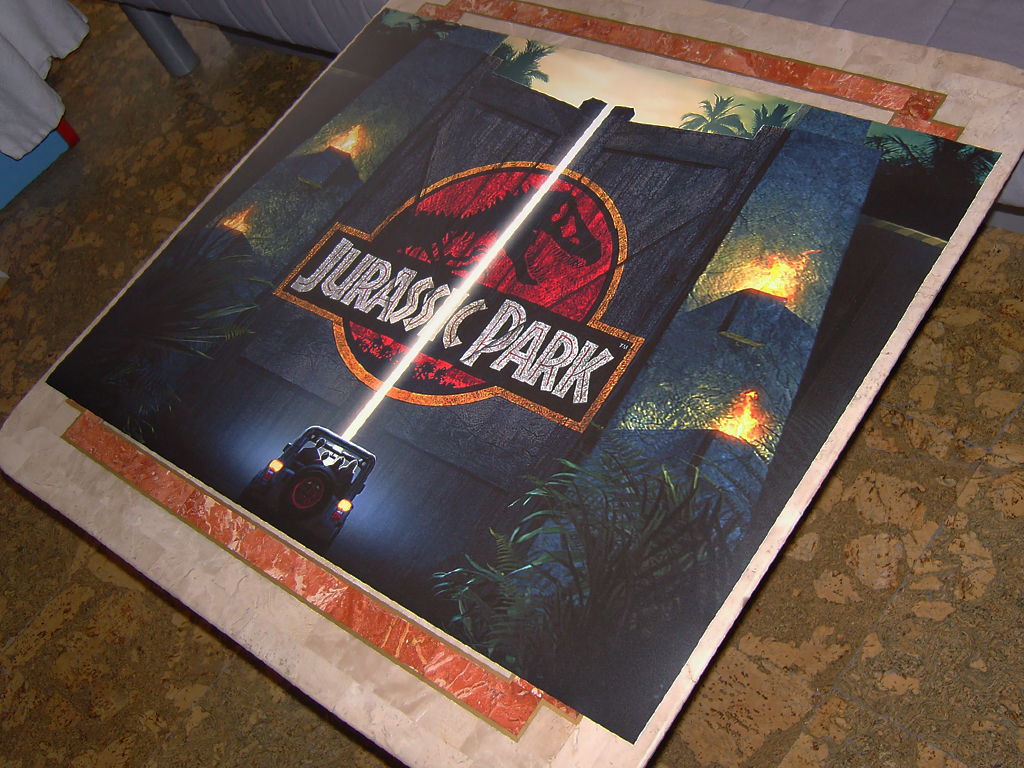 "Jurassic Park Pinball Graphic" printed on vinyl with rough protective