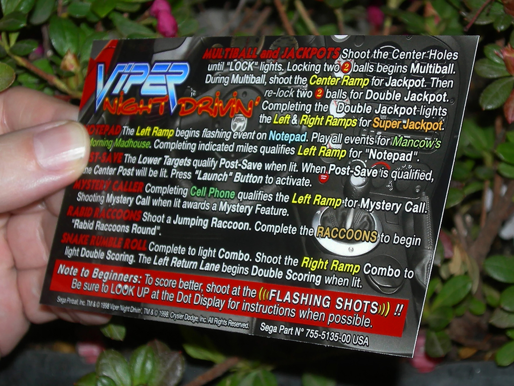 Sega Viper Night Drivin 1998 Cartes Instructions Flipper Pinball Cards ENGLISH