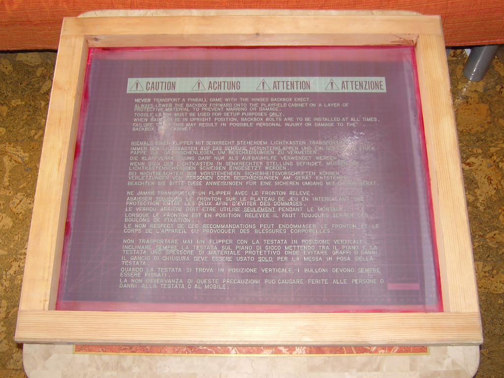 Williams-Pinball-Warning-Text-wooden-Silk-Screen-Printing-Frame1