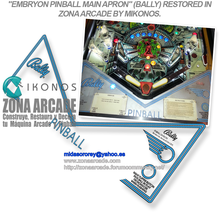 "EMBRYON PINBALL APRONS" (BALLY) scanned artwork files restored in Zona Arcade by Mikonos