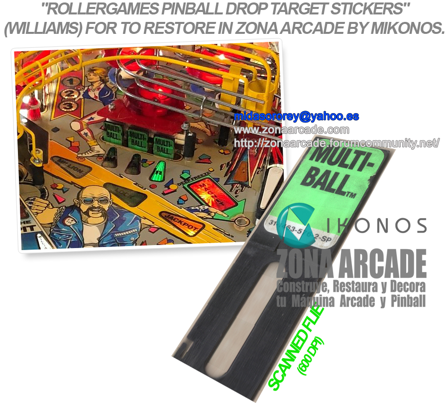 "ROLLERGAMES PINBALL DROP TARGET STICKERS" (WILLIAMS) artwork in Zona