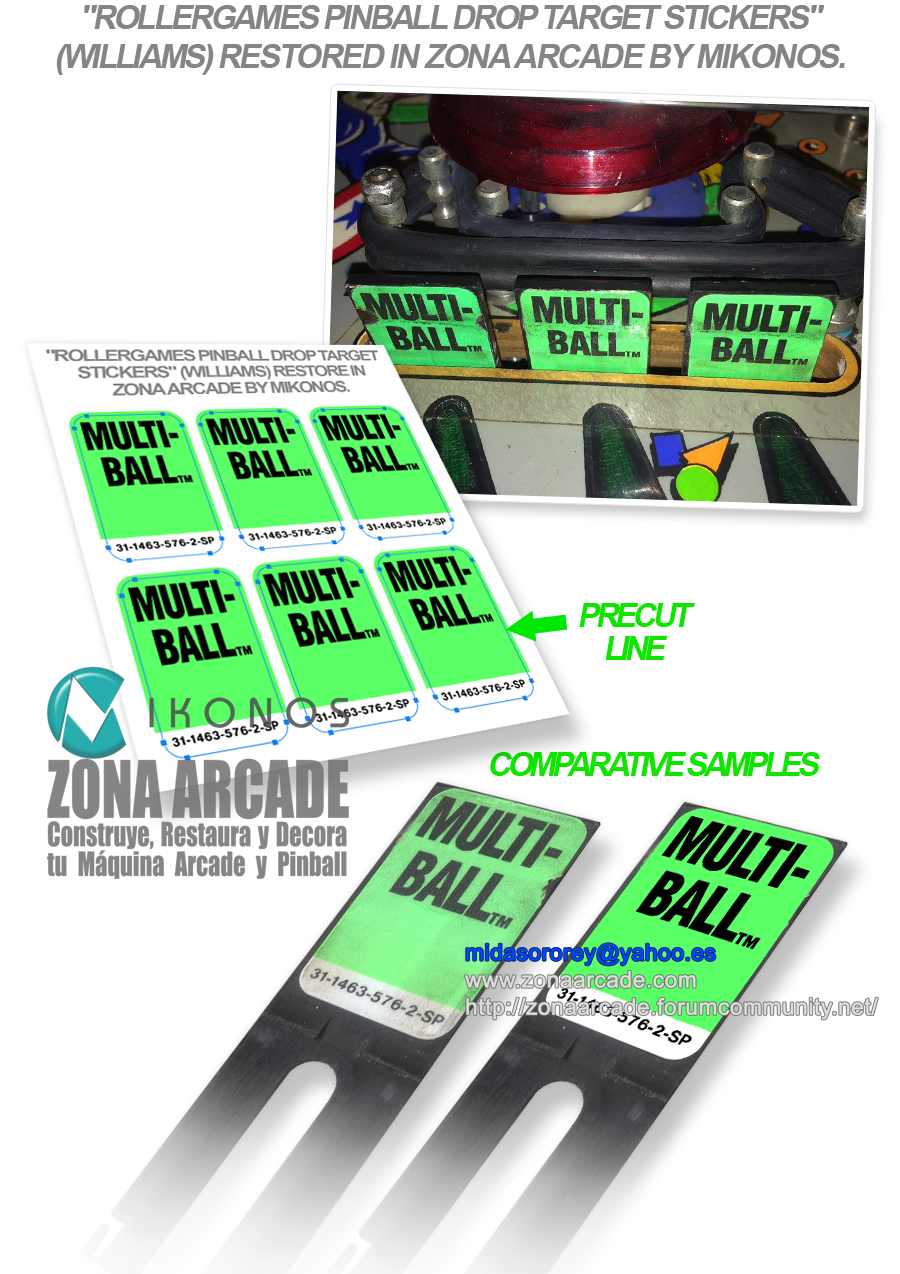 "ROLLERGAMES PINBALL DROP TARGETS STICKERS" (WILLIAMS) artworks scanned